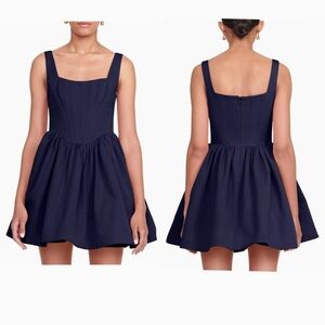 STAUD Landscape Corset Mini Babydoll Dress in‎ Navy Blue NWOT